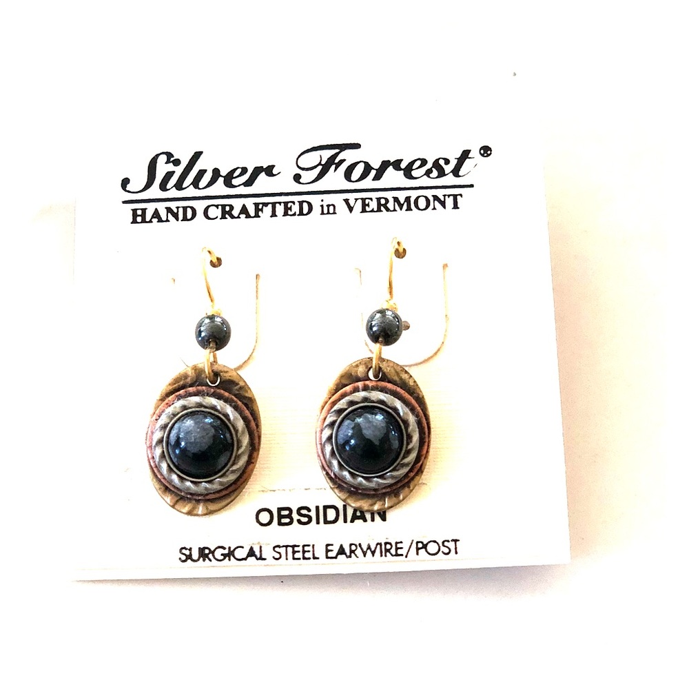 Silver forest obsidian earrings